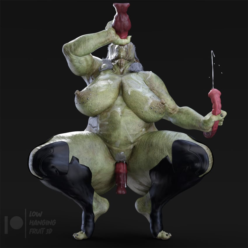 3d areolae belly big_breasts black_leggings blowjob breasts cum cum_drip cum_in_mouth cum_in_pussy cum_inside cum_on_body cum_on_breasts cumshot daz3d daz_3d daz_studio disembodied_penis feet female green_skin hand_on_penis handjob horsecock large_breasts leggings legwear lowhangingfruit3d_(artist) mature_female multiple_penises muscle muscles muscular muscular_female nipple_piercing nipples nude old older_female oral oral_sex orc orc_female penis pointy_ears squatting toe_claws vulta_(lhf3d) watermark