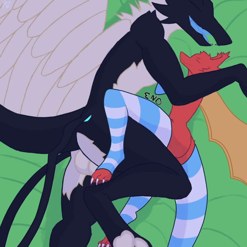 1:1 abzollozdol abzollozdol_(character) anthro armwear balls bed clothing cuddling dragon duo fur furniture furred_dragon genitals girly hi_res legwear male male/male msi msi_dragon_lucky on_bed pattern_armwear pattern_clothing pattern_legwear sleeping tail wings