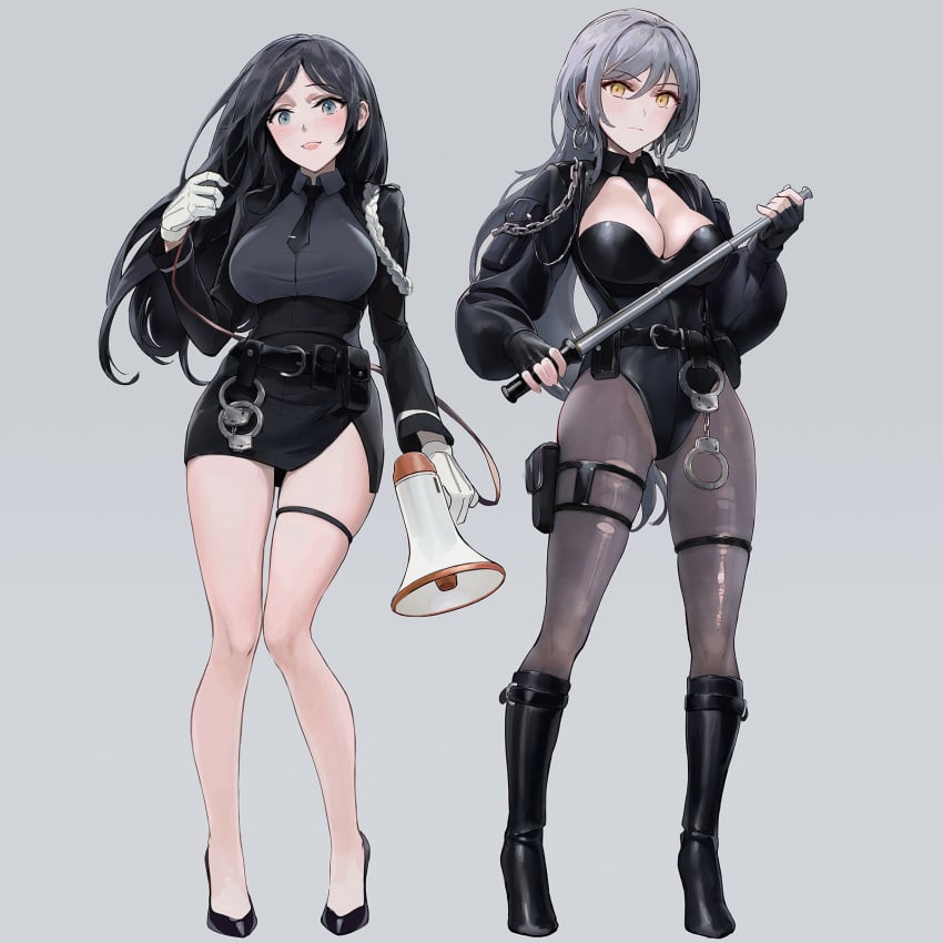 2girls baton baton_(weapon) black_hair black_jacket black_leotard black_shirt black_skirt breasts chowbie cropped_jacket female female_only fully_clothed gloves green_eyes grey_hair handcuffs high_heels holding_baton holding_microphone jacket knee_boots large_breasts leotard light-skinned_female long_hair looking_at_viewer megaphone necktie nightstick original pale-skinned_female pantyhose police police_officer police_uniform policewoman shirt skirt thigh_pouch thigh_strap torn_clothes torn_pantyhose yellow_eyes