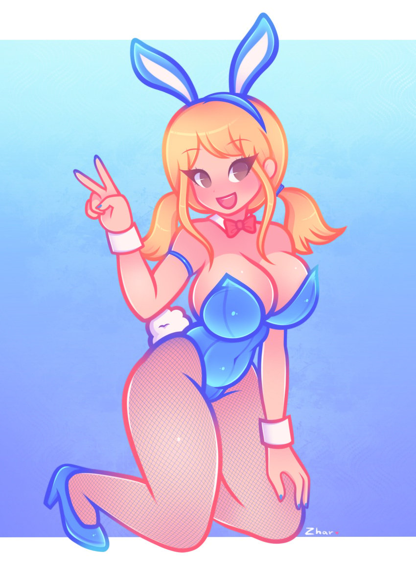 bangs big_breasts blonde_female blonde_hair blonde_hair blue_clothing breasts breasts brown_eyes bunny_costume bunny_ears bunny_girl bunny_tail bunnysuit cute fairy_tail high_heels large_breasts lucy_heartfilia open_mouth peace_sign playboy_bunny round_breasts smile twintails zharxart