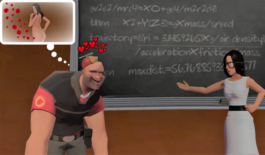 1boy 1girls 3d 3d_(artwork) big_boy brain_dead brown_hair crush dreaming dumbass falling_in_love fat_man female femscout funny funny_face garry's_mod glasses heavy heavy_(team_fortress_2) heavy_weapons_guy learning long_hair male math red_shoes red_t-shirt red_wall school scout scout_(team_fortress_2) student student_and_teacher stupid stupid_looking teacher teacher_outfit teaching team_fortress_2 tf2 valve video_games white_dress