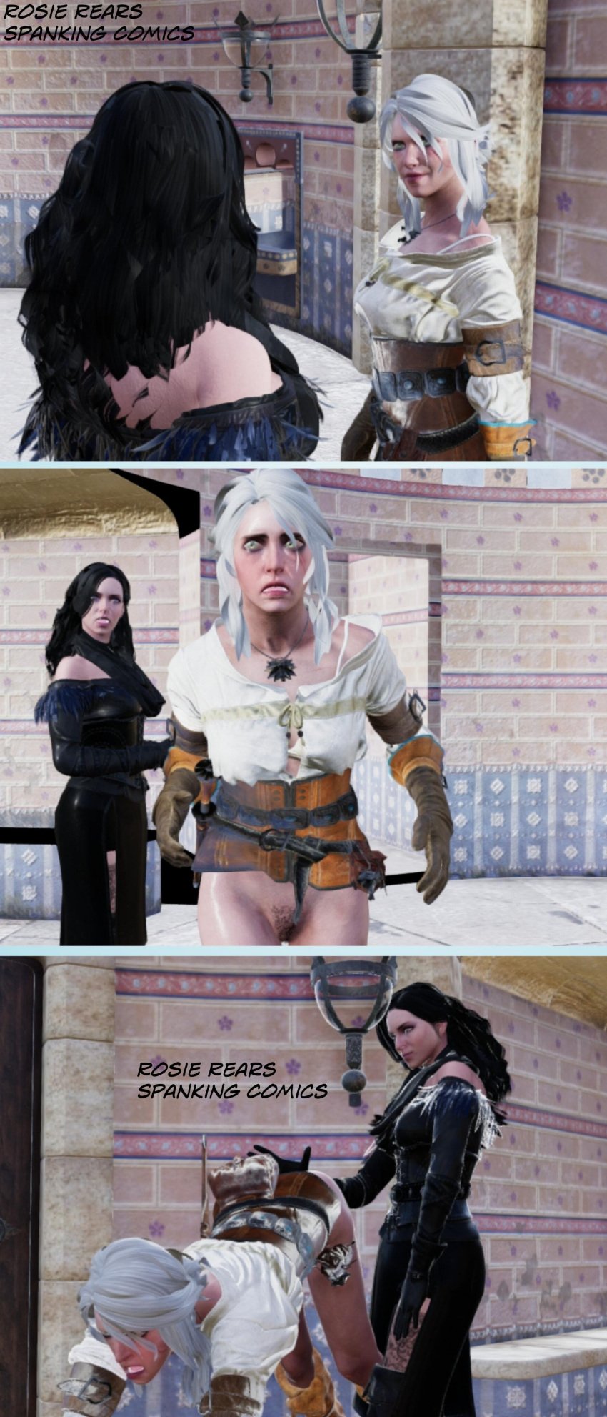 2girls 3d bent_over ciri female female_only human human_only light-skinned_female light_skin magic rosierears self_upload spanking the_witcher_(series) yennefer