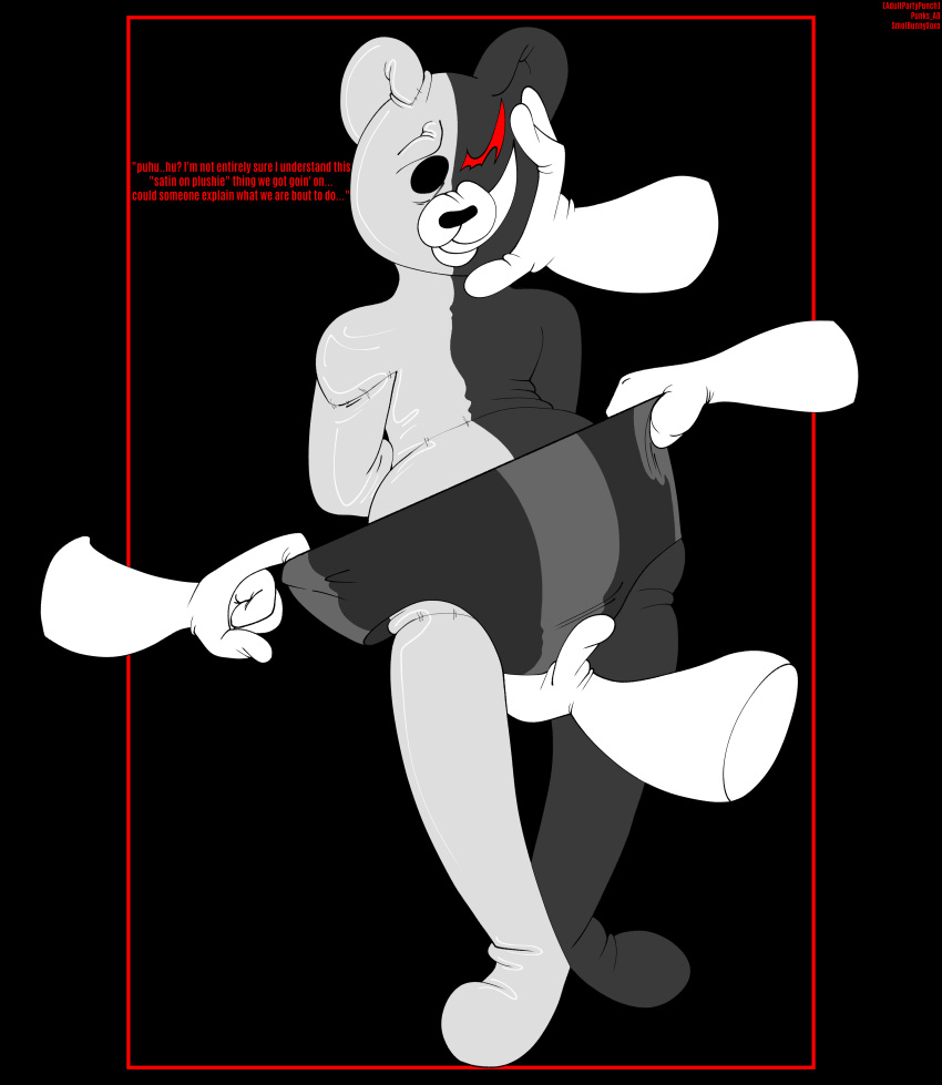 adultpartypunch anthro danganronpa high_waisted_bottomwear humiliation imminent_rape imminent_sex monokuma null null_bulge plushophilia satin satin_panties shy smooth_fur wedgie