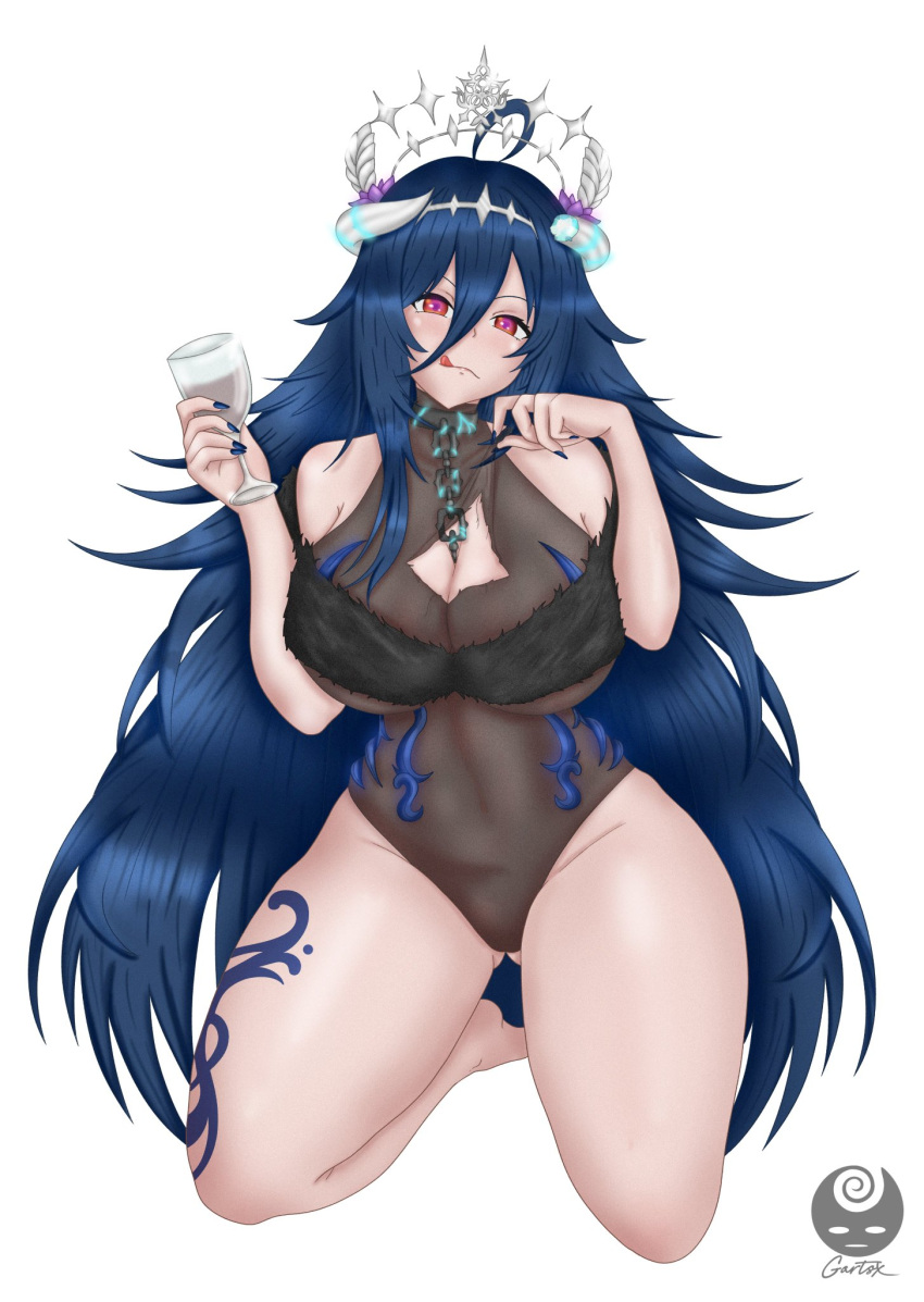 1girls artist_name big_breasts blue_hair broken_horn female female_only gartsx horns leotard licking_lips light-skinned_female light_skin looking_at_viewer oumiya_emma prism_cerulea prism_project seductive solo tattoo tiara virtual_youtuber wine wine_glass