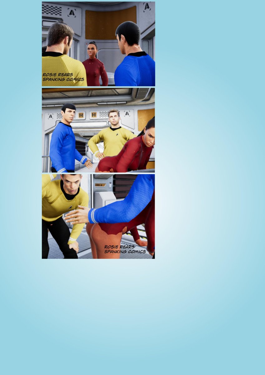 1girls 2boys 3d blue_shirt bottomless chris_pine dark_skin female human humanoid james_t._kirk light_skin male nyota_uhura pointy_ears red_shirt rosierears self_upload spock star_trek star_trek_(2009) starfleet_uniform tagme vulcan_(species) yellow_shirt zachary_quinto zoe_saldana