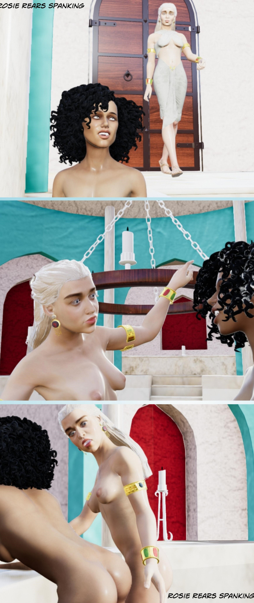 2girls 3d ass bathing bathing_together cosplay daenerys_targaryen dark-skinned_female dark_skin emilia_clarke female female_only game_of_moans game_of_thrones interracial interracial_yuri light-skinned_female missandei multiple_girls nathalie_emmanuel rosierears skinny_dipping slave slavegirl spanking yuri