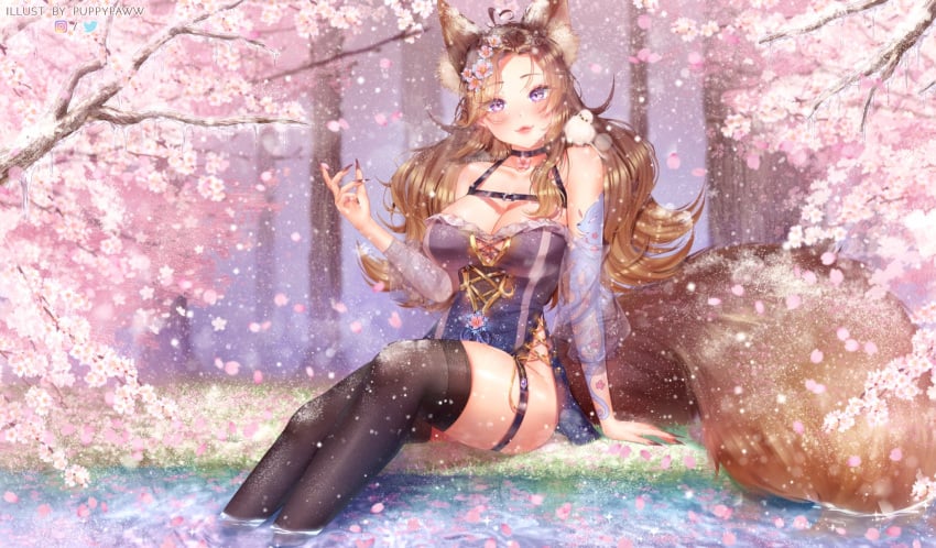 1animal 1girls animal_ears bird blush brown_nails cherry_blossoms cleavage clothed clothing flowers_in_hair forest indie_virtual_youtuber light-skinned_female light_brown_hair light_skin looking_at_viewer lycan monster_girl outside peaches_(peachesvtuber) pippy_(peachesvtuber) puppypaww purple_eyes smile stockings tail tattoo thighhighs trees virtual_youtuber water werewolf werewolf_girl