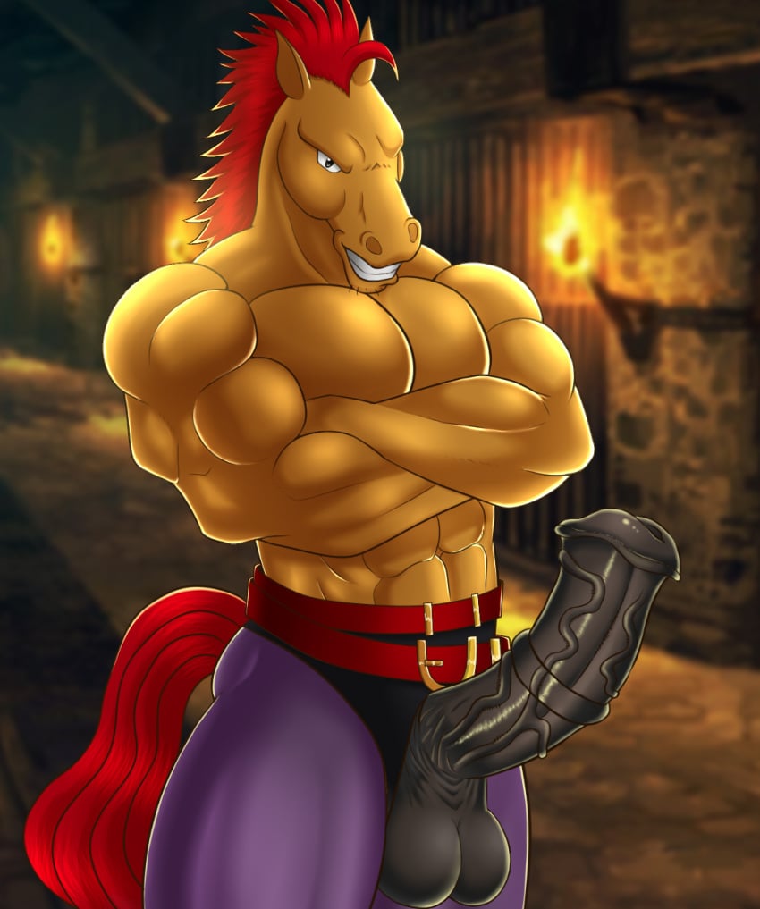 abs animal_genitalia animal_penis anthro balls belt big_balls big_bulge big_penis black_balls black_penis bottomwear bulge clothing crossed_arms dungeon equid equine equine_genitalia equine_penis erection fur genitals hair hi_res horse looking_at_viewer male mammal mane mohawk muscular muscular_anthro muscular_male pants pecs penis red_hair red_mane solo stallion_(character) stallion_(words_worth) tail tan_body tan_fur vein veiny_penis white-snow-wolf words_worth