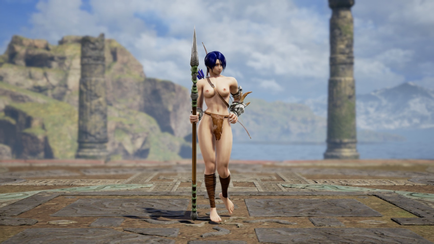 1girls arrows blue_eyes blue_hair bow breasts cave_girl cavegirl cavewoman godzilla_(series) loincloth midriff miki_saegusa monsterverse nipples nude nude_female prehistoric primitive short_hair soul_calibur soul_calibur_vi spear toho tribal