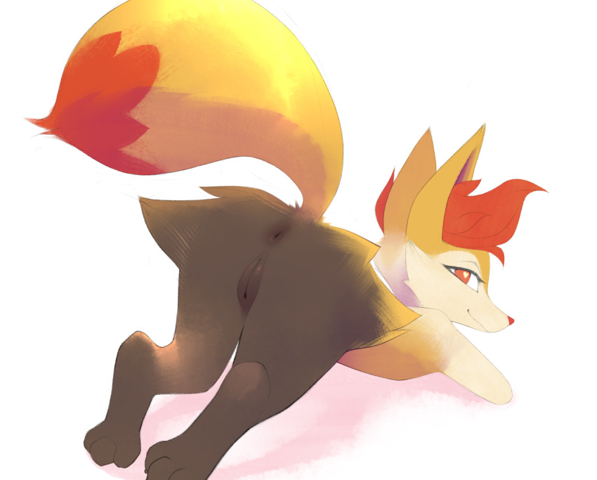 <3_eyes anthro anus ass b-epon black_body black_fur braixen canid dipstick_tail featureless_chest female flat_chested fluffy fluffy_tail fur generation_6_pokemon genitals heart heart-shaped_pupils inner_ear_fluff looking_at_viewer looking_back looking_back_at_viewer mammal markings nintendo nude pokemon pokemon_(species) presenting presenting_hindquarters pussy rear_view smile solo tail tail_markings tuft yellow_body yellow_fur