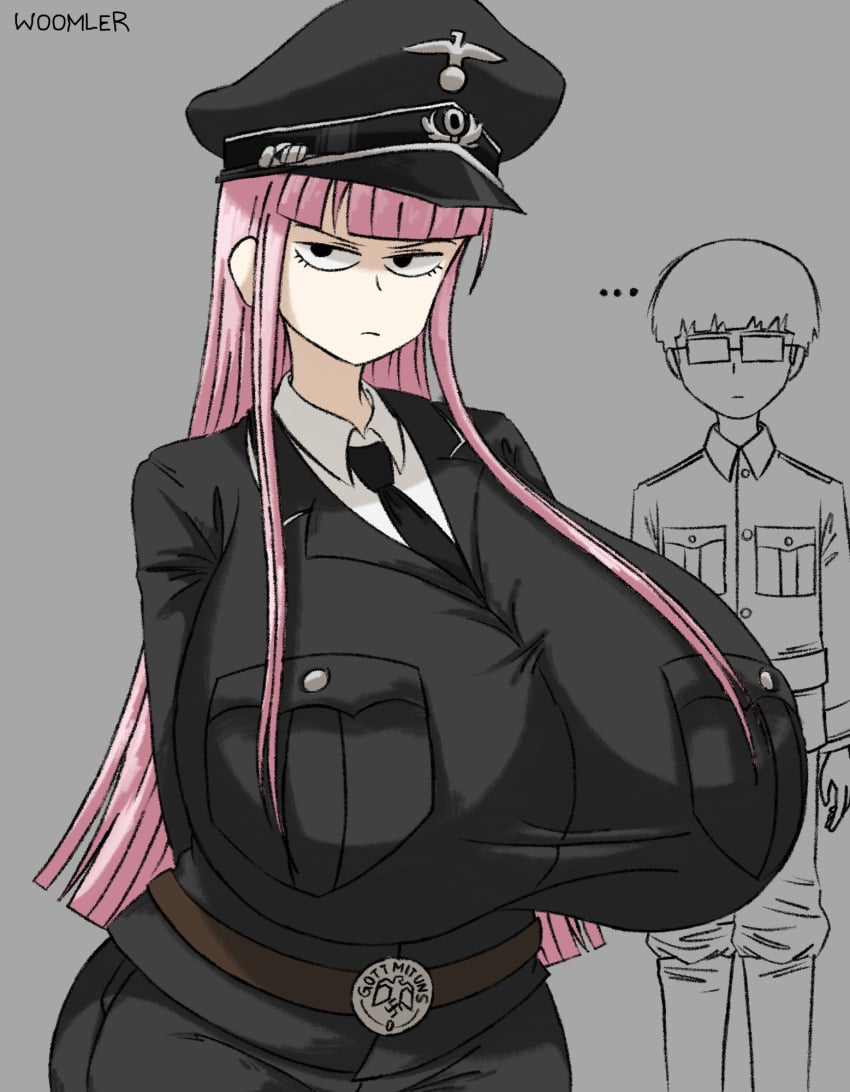 1boy 1girls 2023 angry artist_name belt blossom_hope breasts breasts_bigger_than_head female grey_background hat huge_breasts large_breasts long_hair looking_at_viewer military_uniform nazi peaked_cap pink_hair sakura_kawakami tie uniform woomler