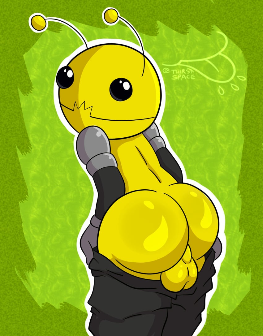 absurd_res alien alien_hominid_(character) antennae_(anatomy) ass black_eyes castle_crashers clothing hi_res interspecies looking_back male male_only mooning newgrounds presenting presenting_hindquarters thirstspace yellow_body