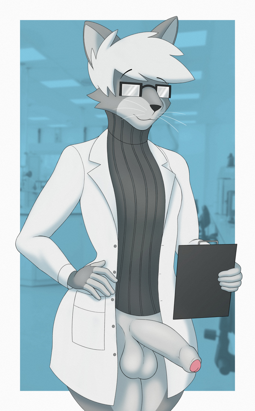 absurd_res anthro balls bottomless clothed clothing coat eyebrows eyewear felid feline fur furry furry_only genitals glasses hair hand_on_hip hi_res lab_coat laboratory male male_only mammal partially_clothed penis raki_boi solo sweater topwear turtleneck whiskers white_hair