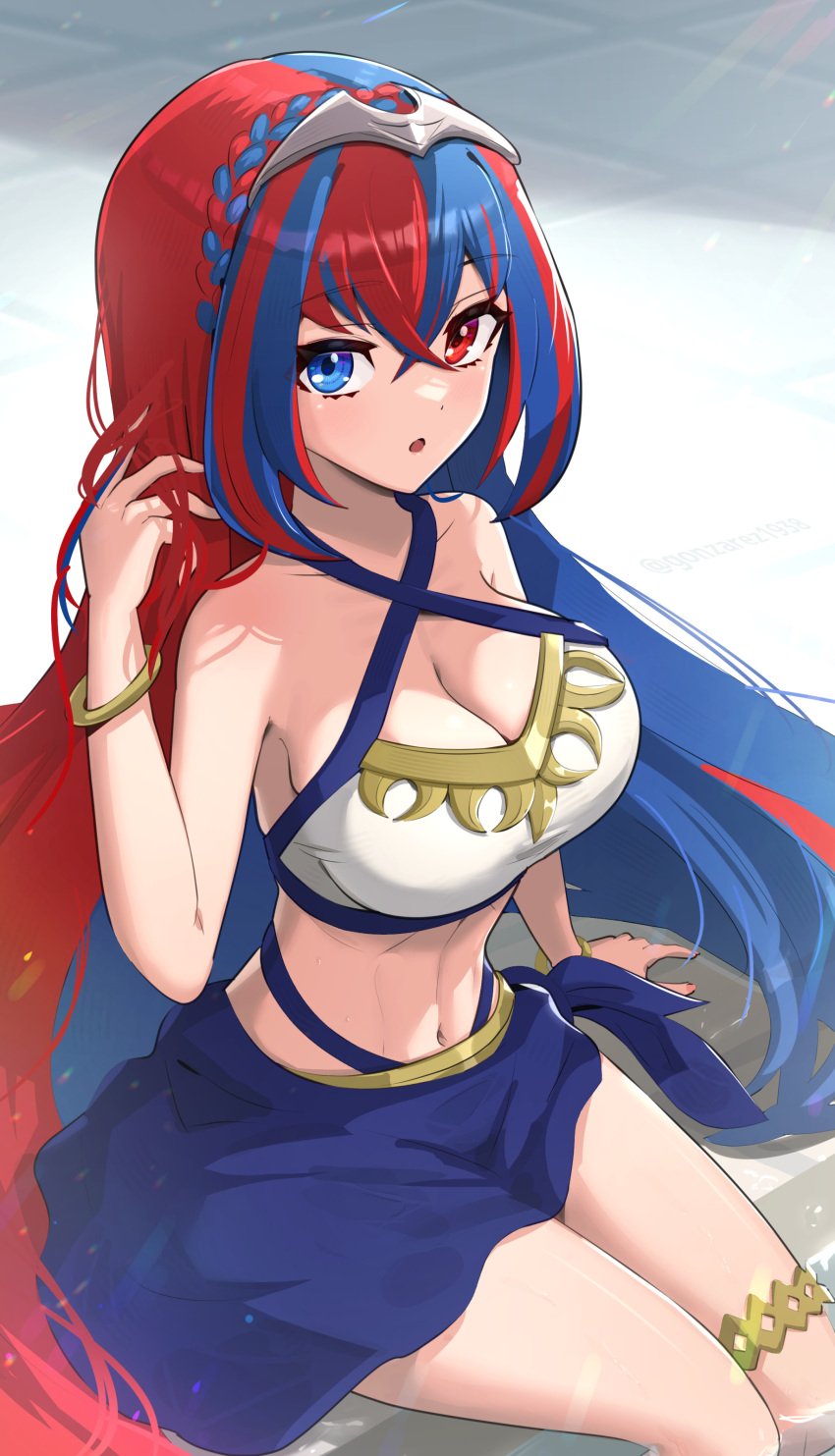 1girls absurdres alear_(female)_(fire_emblem) alear_(fire_emblem) bangs bikini bikini_skirt blue_eyes blue_hair braid breasts cleavage crossed_bangs crown_braid female female female_only fire_emblem fire_emblem_engage gonzarez heterochromia highres large_breasts long_hair looking_at_viewer multicolored_hair navel nintendo official_alternate_costume red_eyes red_hair skirt solo split-color_hair swimsuit tiara two-tone_hair very_long_hair