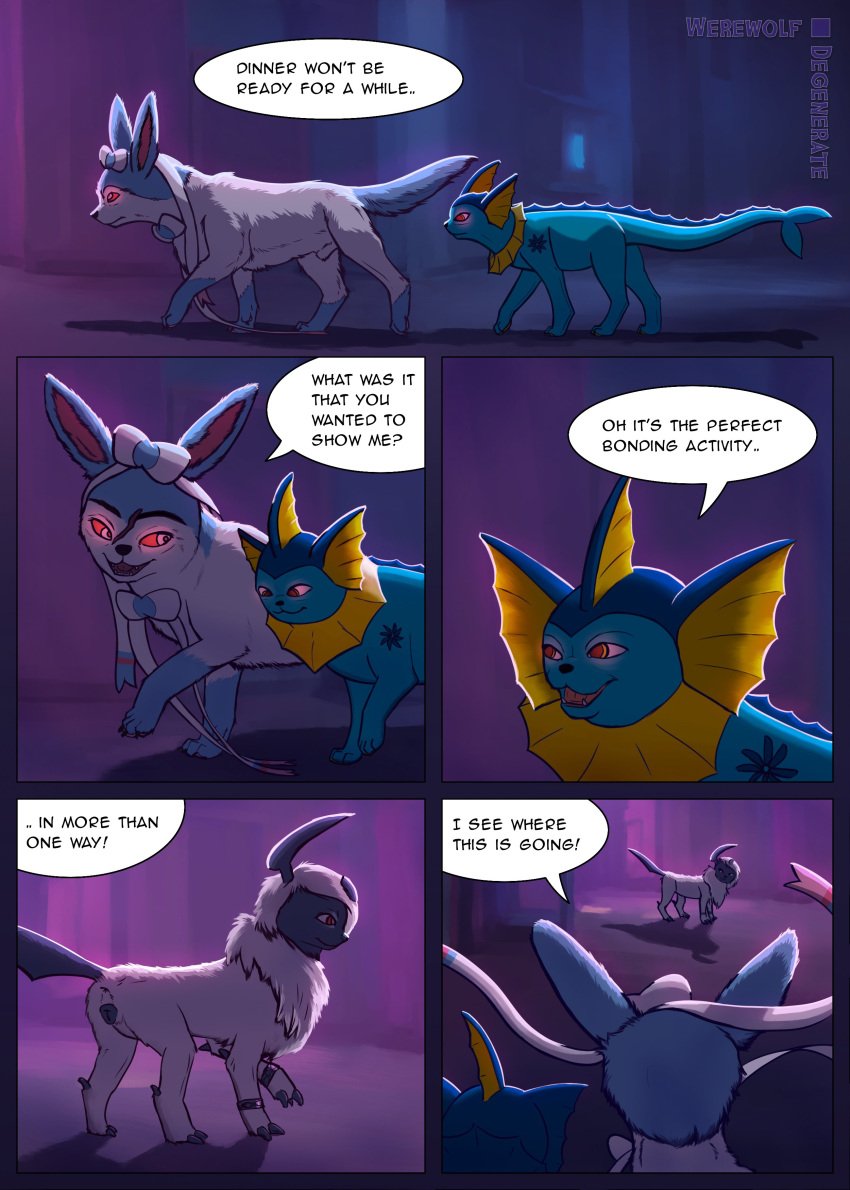 absol absurd_res alley ambiguous_gender animal_genitalia animal_penis animal_pussy anus ass canine_genitalia canine_pussy claws colored comic dialogue digital_media_(artwork) duo eeveelution english_text female feral fur generation_1_pokemon generation_3_pokemon generation_6_pokemon genitals hi_res joseph_von_carstein male male/female mammal nintendo open_mouth outside penis pokemon pokemon_(species) pussy qingdao_(qingdao243) sheath smile speech_bubble story sylveon text urban vampire vaporeon werewolfdegenerate