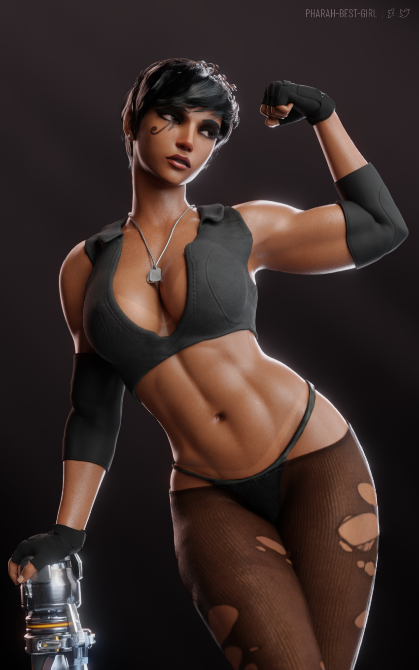 3d abs bikini black_bikini black_eyes black_hair black_swimsuit blender breasts cleavage clothing dark-skinned_female dark_skin dog_tags elbow_pads female fingerless_gloves gloves high_resolution looking_away muscle muscular_female nylon_stockings overwatch pharah pharah-best-girl rocket_launcher self_upload short_hair swimsuit tanlines tanned weapon