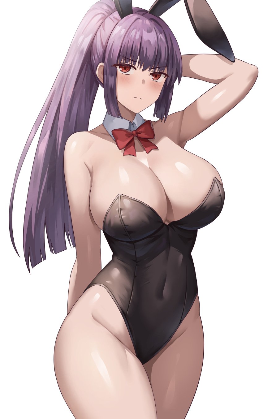 1girls absurdres big_breasts blush breasts bunny_ears bunny_girl bunnysuit cleavage female female_only jasony large_breasts leotard light_skin light_skinned_female long_hair please_don't_bully_me,_nagatoro ponytail president_(nagatoro) purple_hair red_eyes sana_sunomiya simple_background solo thick_thighs thighs white_background