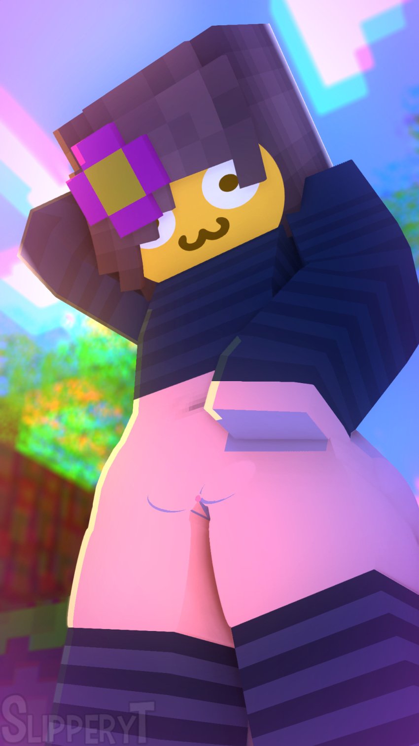 1girls 3d blue_eyes bottomless brown_hair emoji flower_in_hair funny horny_female human_female humanoid jenny_belle_(slipperyt) looking_at_viewer looming_over meme midriff mine-imator minecraft mojang outside presenting_pussy pussy slipperyt striped_legwear