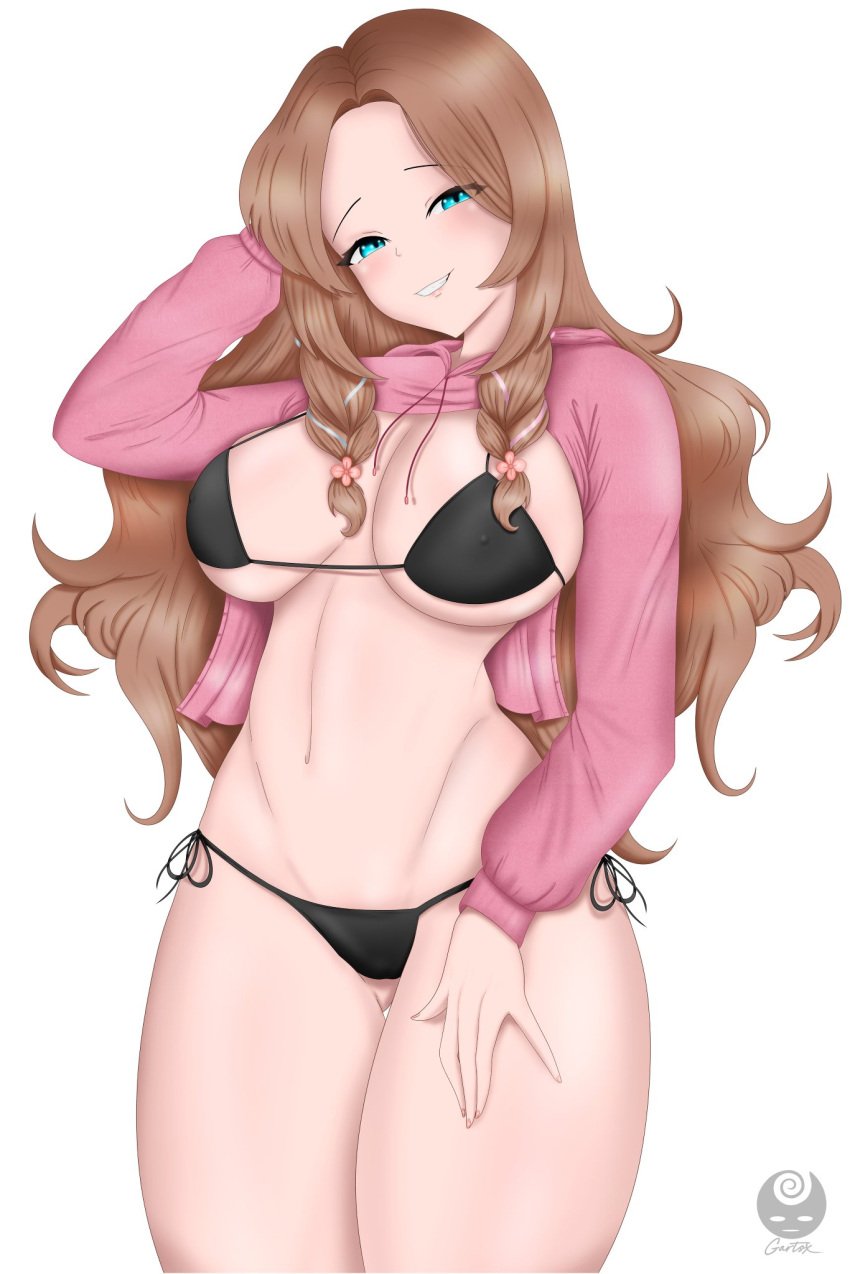 1girls artist_name black_bra black_panties blue_eyes bra female female_only gartsx light-skinned_female light_brown_hair light_skin looking_at_viewer nipple_bulge panties peaches_(peachesvtuber) simple_background smile virtual_youtuber white_background