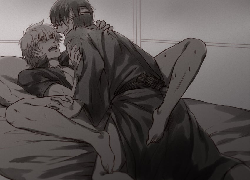 2boys bandages barefoot blush bottomless gintama gintoki_sakata grabbing grin hangleing implied_anal implied_sex kimono looking_at_another male male_only missionary_position monochrome obi on_back on_bed open_mouth open_shirt smile spread_legs sweat takasugi_shinsuke yaoi