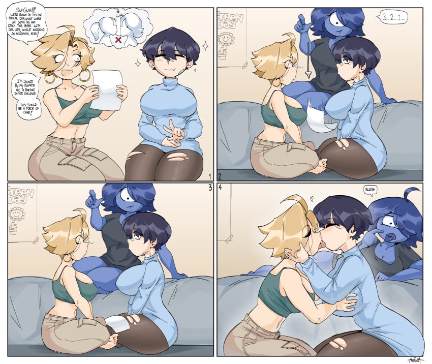 2022 3girls ahoykoi ano_(anor3xia) anor3xia barefoot big_breasts blonde_female blonde_hair blue_body blue_hair blue_sweater bog_(bogdraws) bogdraws breasts clothed comic comic_strip dark_hair english_text french_kiss french_kissing full_comic hoop_earrings huge_breasts kissing koi_(koianimations) koianimations large_breasts lesbian_kiss light-skinned light-skinned_female light_skin newgrounds_community_college ngcc ripped_stockings short_hair speech_bubble text text_bubble tongue tongue_kiss tongue_out yuri yuri_kiss