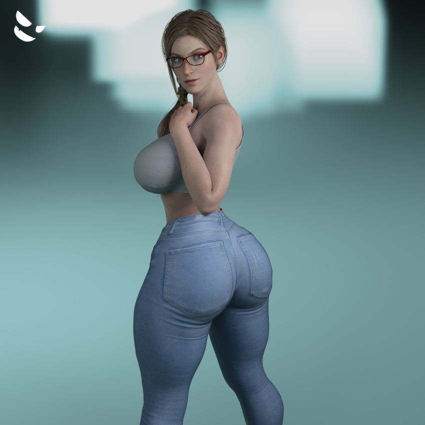 1girls 3d 3d_(artwork) annette_birkin ass big_ass big_breasts blender blender_(software) blonde_female blonde_hair blue_eyes breasts capcom female female_focus female_only glasses gm_studios midriff milf pinup pinup_pose pose resident_evil resident_evil_2 resident_evil_2_remake solo tagme thick_thighs