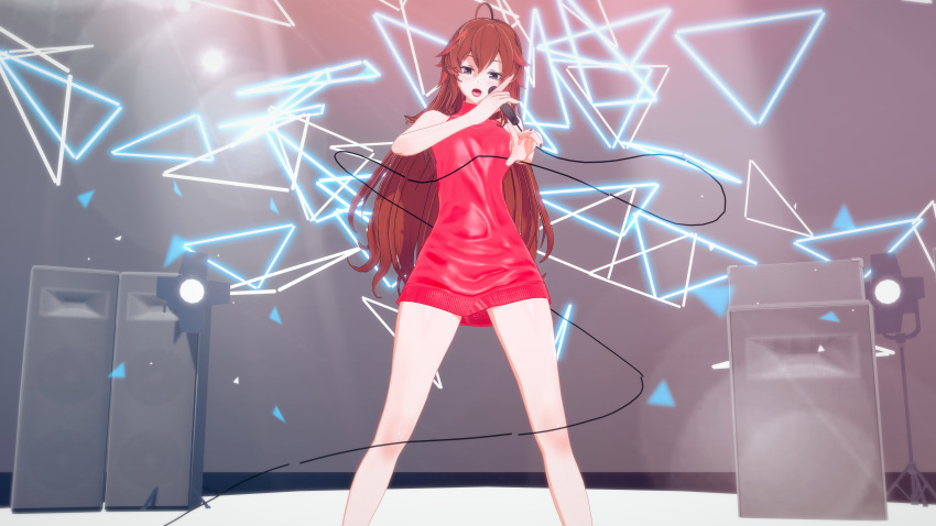 3d amplifier bare_shoulders blush friday_night_funkin girlfriend_(friday_night_funkin) koikatsu long_hair looking_at_viewer microphone red_dress singing stage stage_lights thick_thighs