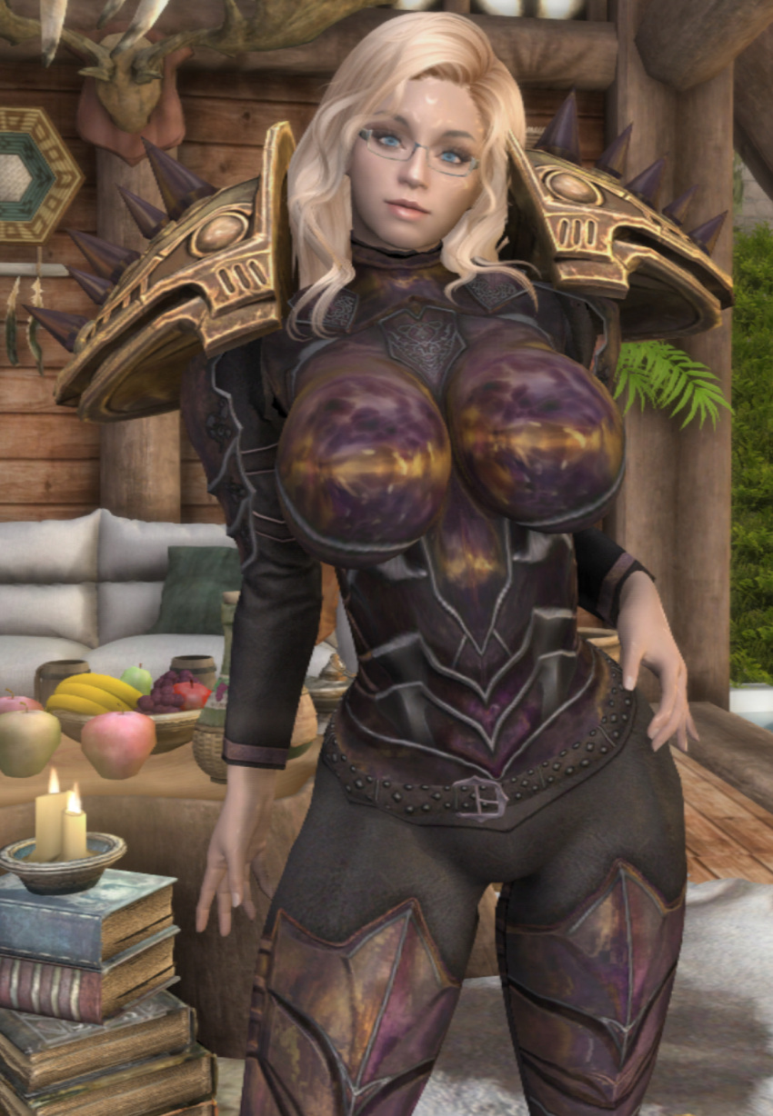 armor big_ass big_breasts bikini_armor blonde_hair blue_eyes bodysuit dommy_mommy elf_orc_lunaire glasses huge_ass huge_breasts large_ass large_breasts rebecca_(original_character) seductive skyrim tagme the_elder_scrolls tight_clothing