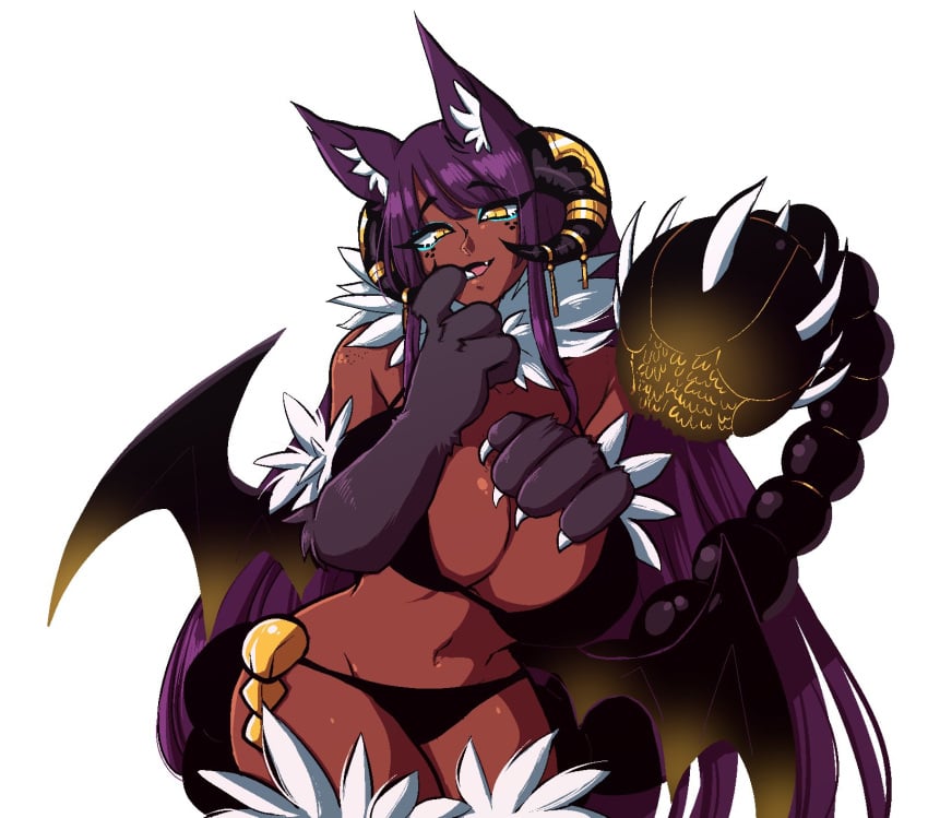 1girls animal_ears animal_hands animal_legs belly_button big_breasts black_bra black_panties bra claws cosplay dark-skinned_female dark_skin eyebrows_visible_through_hair female female_only horns indie_virtual_youtuber manticore manticore_(monster_girl_encyclopedia) manticore_(monster_girl_encyclopedia)_(cosplay) monster_girl_encyclopedia oerba_yun_fang panties paws pride-kun purple_hair sasha_the_archdemon_(vtuber) simple_background solo tail virtual_youtuber white_background wings yellow_eyes