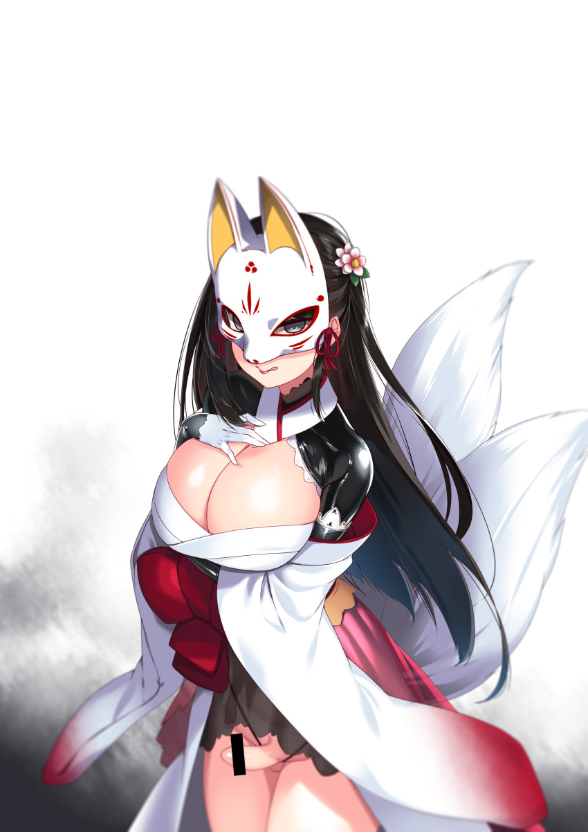 1futa 2_tails absurdres alex_(mollyyo) animal_ears bar_censor big_breasts black_hair bottomless breasts censored cleavage clothed clothing commission corruption dark_persona detached_sleeves english_commentary flower fox_mask fox_tail futa_only futanari genderswap_(mtf) hair_flower hair_ornament hiememiko highres human japanese_clothes large_breasts latex licking_lips light-skinned_futanari light_skin long_hair looking_at_viewer mask miko mind_control mostly_clothed multi_tail nontraditional_miko original penis red_lips rule_63 second-party_source shrug_(clothing) simple_background solo standing tail testicles tongue tongue_out torn_clothes white_background