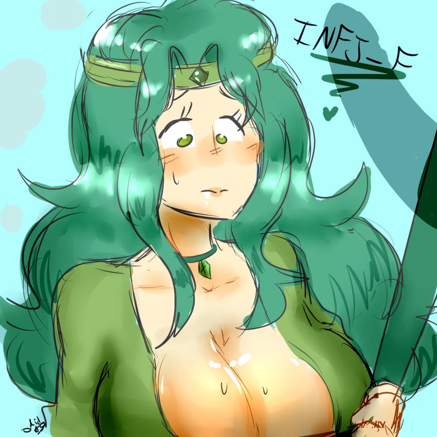 1girls big_breasts dick_shadow female_only green_eyes green_hair imminent_oral infj light_skin looking_down massive_breasts mbti solo_female sweat