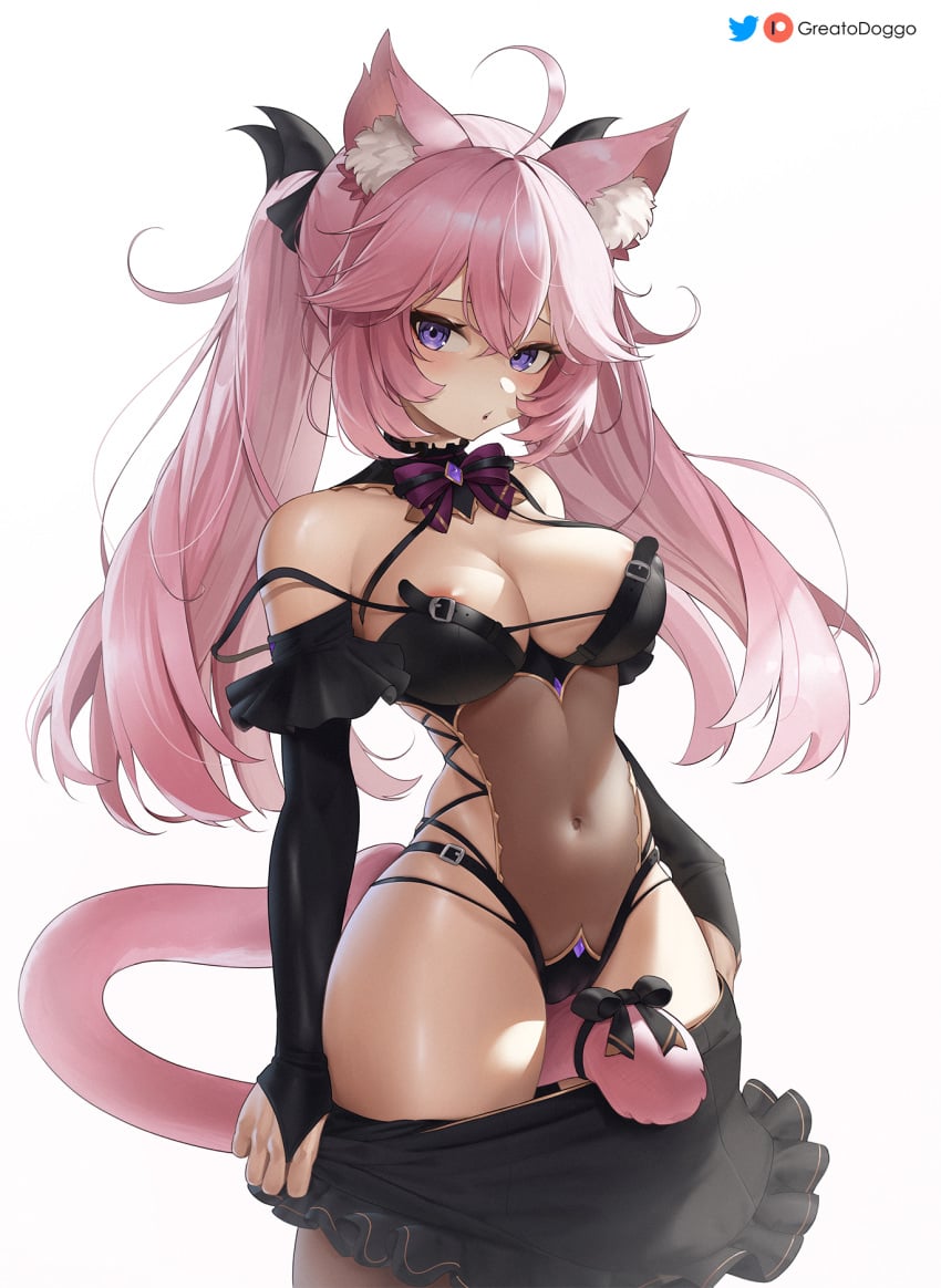 1girls ahoge areola_slip areolae_peeking barely_clothed belly black_clothing cameltoe cat_ears cat_tail catgirl detached_sleeves ear_fluff ear_tuft female greatodoggo hair_ornament kemonomimi large_breasts light-skinned_female looking_at_viewer navel nekomimi nyatasha_nyanners pink_hair pink_tail ponytail purple_eyes removing_clothing ribbons self_exposure stripping swimsuit tail_between_legs tail_ornament tight_clothing twintails undressing undressing_self virtual_youtuber