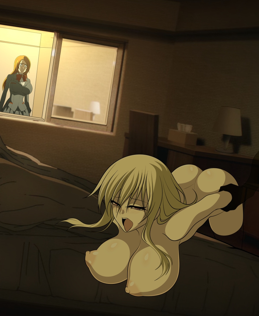 2girls anime_style ass auburn_hair bed bedroom big_breasts bleach bleach:_the_thousand-year_blood_war blonde_female blonde_hair bouncing_breasts breasts clothed_female_nude_female color colored creepypasta crossover doujin doujinshi female from_behind from_behind_position gray_eyes hetero hotel huge_breasts indoors inoue_orihime large_breasts leo_(senran_kagura) multiple_girls oldhorrorz penetration puffy_areolae purple_eyes school_uniform schoolgirl senran_kagura senran_kagura_(series) sex sex_from_behind uniform watching_sex