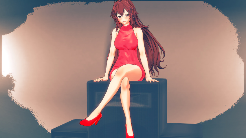 3d amplifier bare_shoulders blush friday_night_funkin girlfriend_(friday_night_funkin) high_heels koikatsu large_breasts long_hair looking_at_viewer red_dress smile solo solo_female thick_thighs