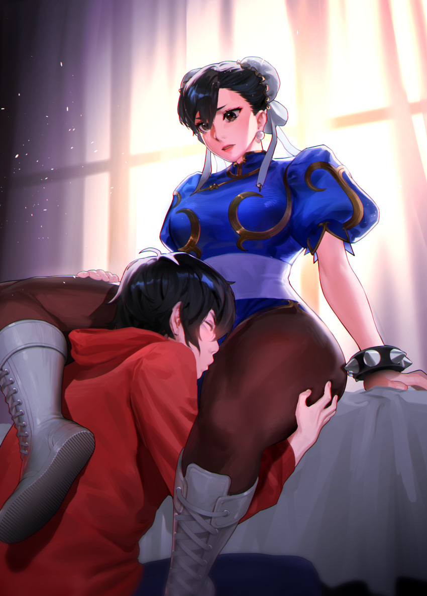 1boy 1girls age_difference artist_request bed bedroom big_breasts black_hair boots bracelet brown_eyes capcom china_dress chinese_clothes chun-li commission dress earrings female female_focus hair_bun head_between_thighs highres jackboo jewelry kissing kissing_thigh leg_worship leggings legs mature_female older_female older_woman_and_younger_boy pantyhose sash sitting slim_waist spiked_bracelet spikes straight street_fighter teenager thick_thighs thigh_grab thigh_worship thighs white_footwear wide_hips worship younger_male