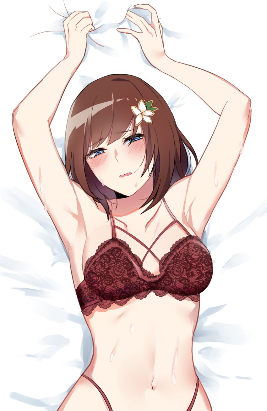 1girls armpits arms_above_head bare_armpits bare_midriff belly_button blue_eyes blush bra brown_hair dobure18 exposed_torso hair_ornament hana_macchia laying_down looking_at_viewer medium_breasts midriff navel nijisanji nijisanji_indonesia short_hair solo solo_female solo_focus sweat sweating sweaty underwear underwear_only virtual_youtuber