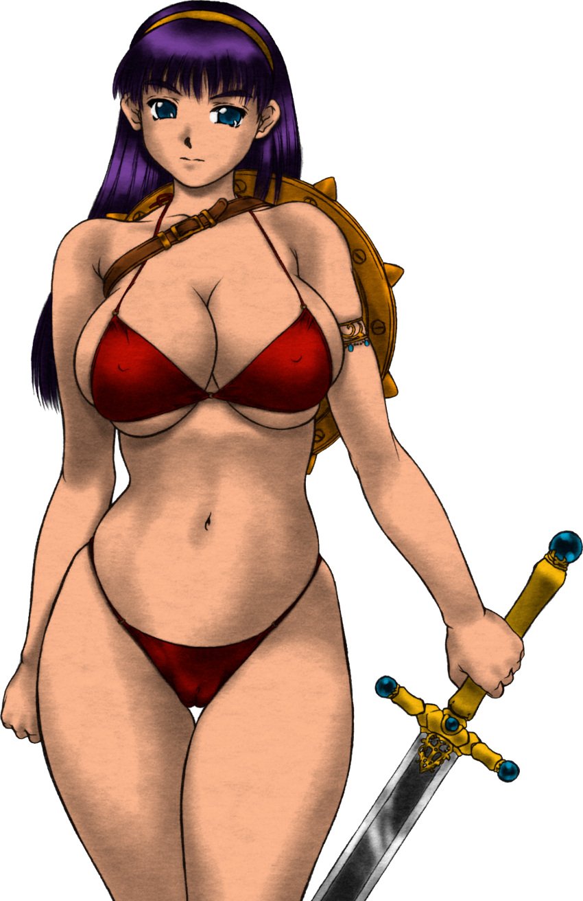 1girls absurdres armlet athena_(series) big_breasts bikini breasts busty cameltoe child_bearing_hips choker cleavage cleft_of_venus colored colorized covered_erect_nipples curvy edit female female_only front-tie_top highres hips iruma_kamiri large_breasts legs long_hair looking_at_viewer navel princess princess_athena purple_hair red_bikini sensual shield skindentation snk solo standing swimsuit sword textless thick_thighs thighs underboob voluptuous walking weapon wide_hips