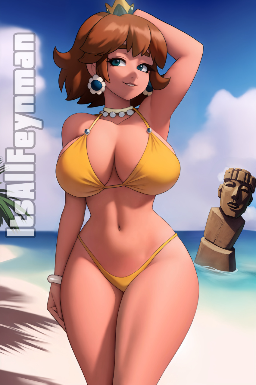 1girls 2d armpits bikini breasts female female_only feynman_(artist) itsallfeynman mario_(series) nintendo outside princess_daisy solo tagme