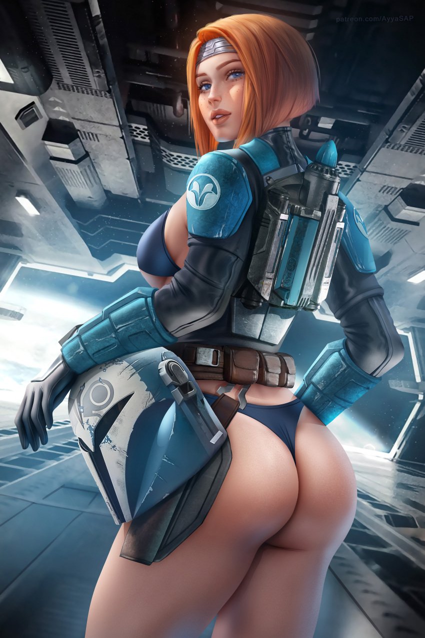 1girls armor ass ass_cheeks ayyasap big_ass big_breasts blue_bra blue_eyes blue_panties bo-katan_kryze bra breasts bubble_butt butt female female_only gloves helmet helmet_removed jetpack light-skinned_female light_skin looking_at_viewer looking_back mandalorian mandalorian_armor mandalorian_helmet orange_hair panties pauldrons red_hair redhead short_hair sideboob solo solo_female spaceship spaceship_interior standing star_wars the_mandalorian the_mandalorian:_season_two thick_thighs underwear utility_belt vambraces