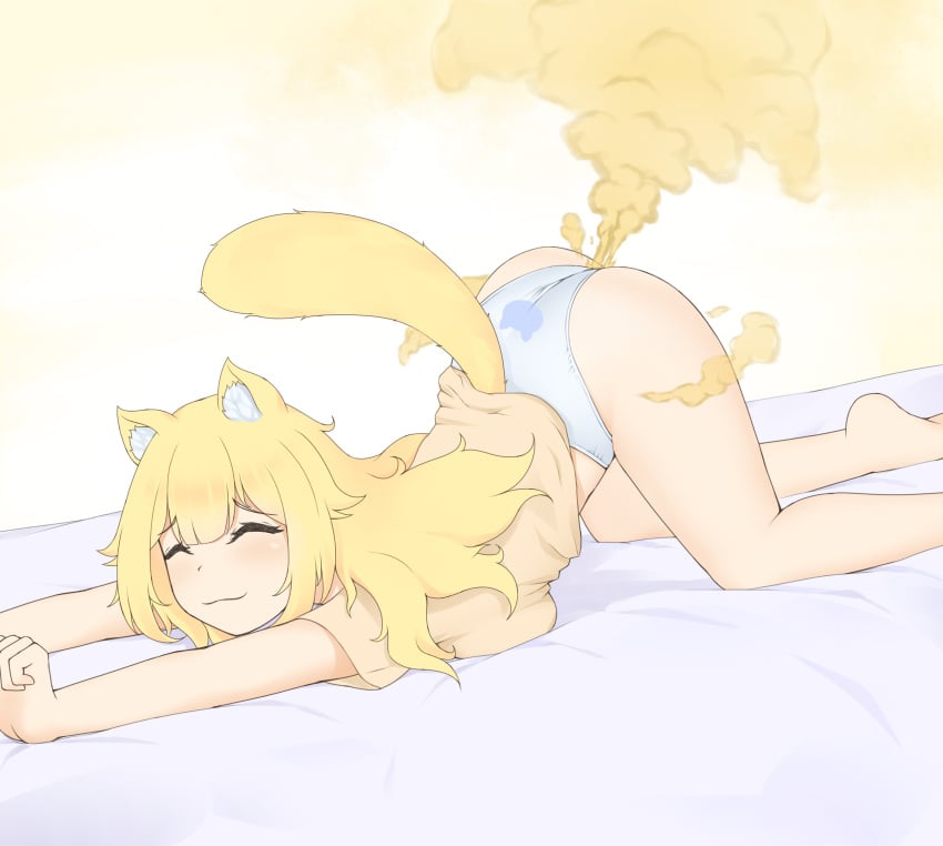 1girls ass_up catgirl face_down_ass_up fart fart_cloud farting ina_(raki991) kemonomimi no_pants panties raki991 solo stretching