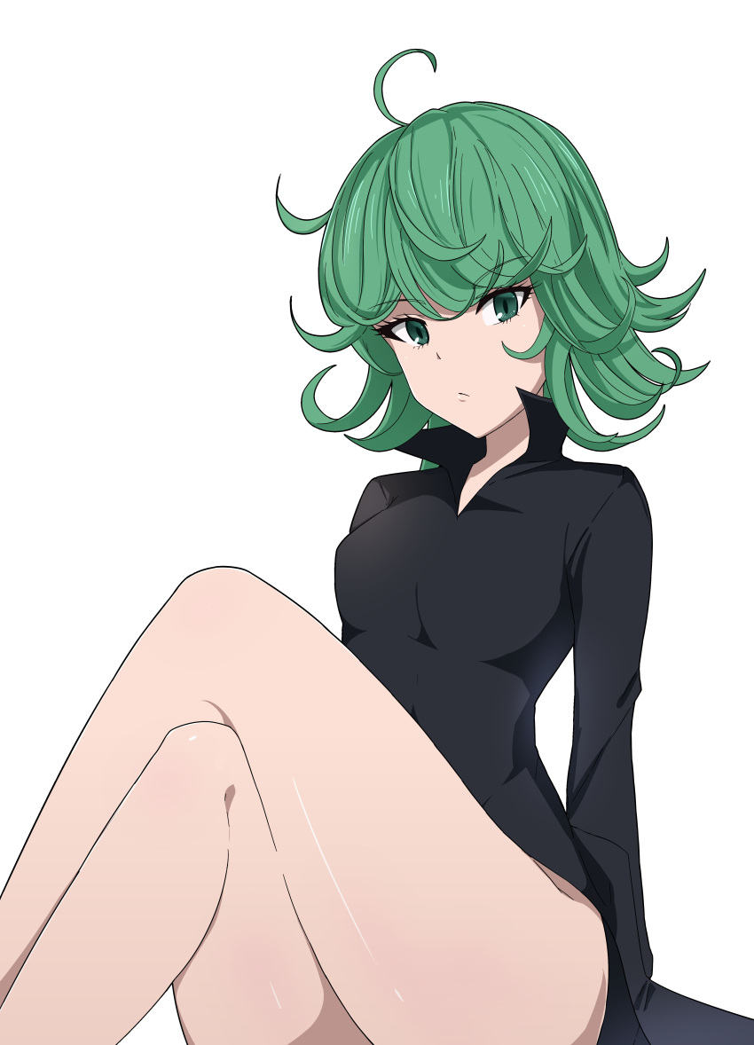 1girls ahoge crossed_legs green_eyes green_hair hi_res looking_at_viewer medium_breasts one-punch_man rizuta simple_background sitting small_breasts solo tatsumaki thighs white_background