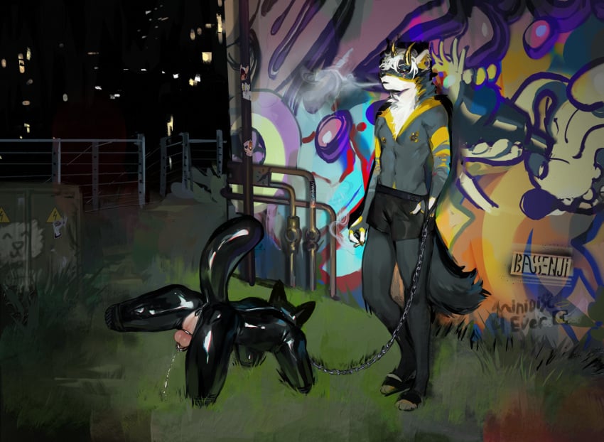 anthro balls bass_(bassenji) bassenji bitchsuit black_bottomwear black_clothing black_footwear bondage_gear bottomwear canid canine canis chains chastity_cage chastity_device cigarette city cityscape clothed clothing countershading demon detailed_background dog_walking dominant dominant_anthro dominant_male duo fence footwear fur genitals graffiti grass grey_body grey_fur hair hellwolf horn male male_only mammal metal_fence nipples outside peeing pipes plant raised_leg rubber rubber_clothing rubber_suit smoke smoking sticker submissive submissive_anthro submissive_male topless white_body white_countershading white_fur white_hair wolf yellow_body yellow_fur yellow_horn yellow_nipples