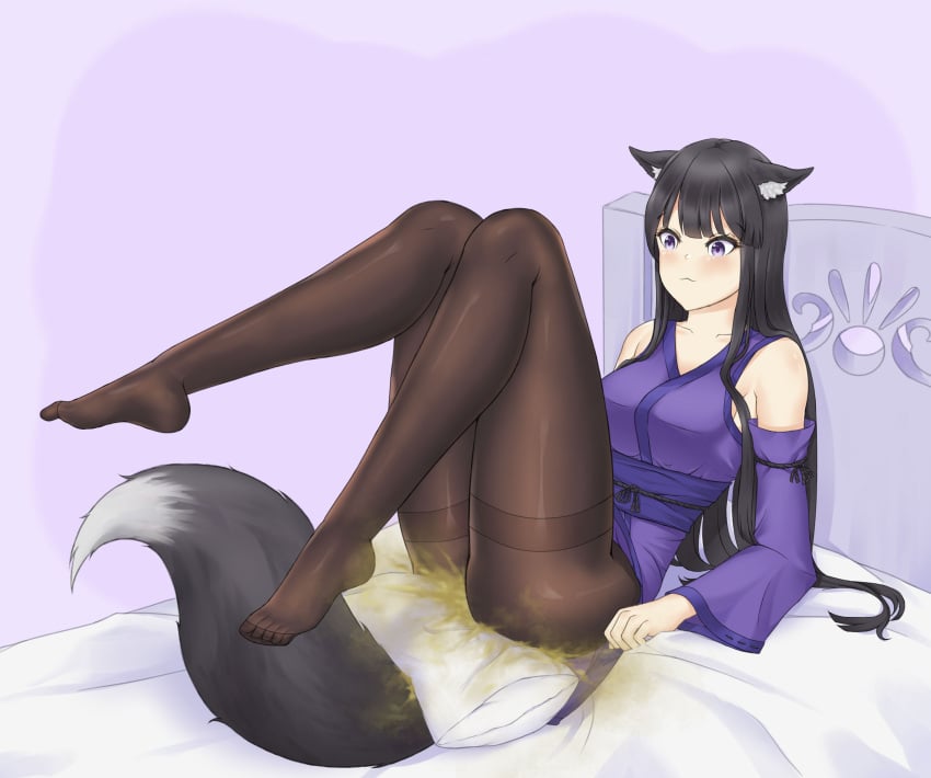 1girls fart fart_cloud fart_fetish farting fox_girl fully_clothed kemonomimi laying_on_bed pantyhose pillow raki991 solo thick_thighs tsuki_(raki991)