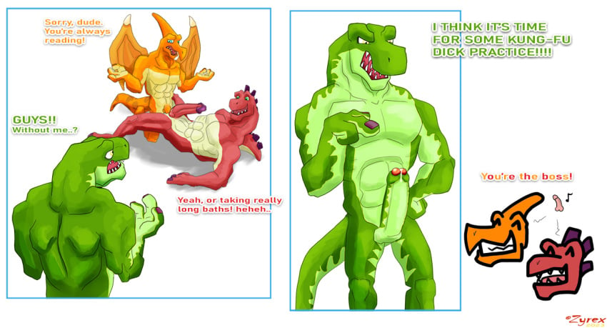 anal anal_sex balls bodily_fluids chow_(kfdp) comic cum dialogue dinosaur dripping erection genital_fluids genitals jet_(kfdp) kane_(kfdp) kfdp kung kung_fu_dino_posse leaking male male/male mammal muscular muscular_male penetration penis precum reptile scalie sex text theropod tyrannosaurid tyrannosaurus tyrannosaurus_rex