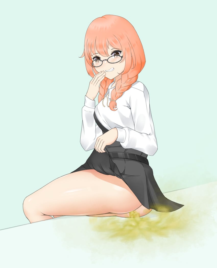 1girls big_ass fart fart_cloud fart_fetish farting fully_clothed glasses leaning looking_at_viewer looking_back no_panties raki991 sitting skirt skirt_lift smiling solo thick_thighs