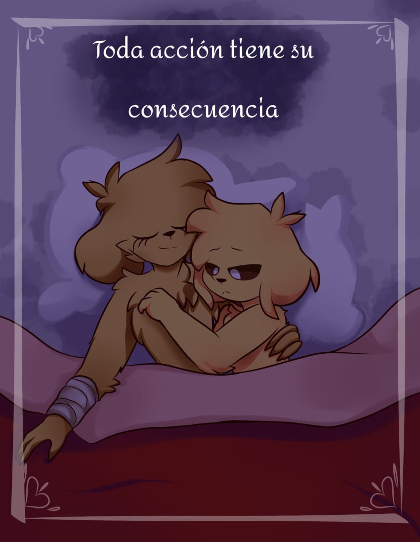 2boys anthro bed bedroom black_sclera canine claws comic_cover cute fluffy furrycomics gay golden_retriever hugging_partner male_only mikecrack mikecrack.exe relaxing sleeping spanish_text tagme wholesome yellow_fur