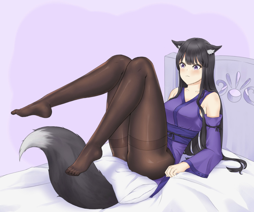 1girls about_to_fart big_breasts fox_girl fully_clothed imminent_fart kemonomimi laying_on_bed pantyhose pillow raki991 simple_background solo thick_thighs tsuki_(raki991)