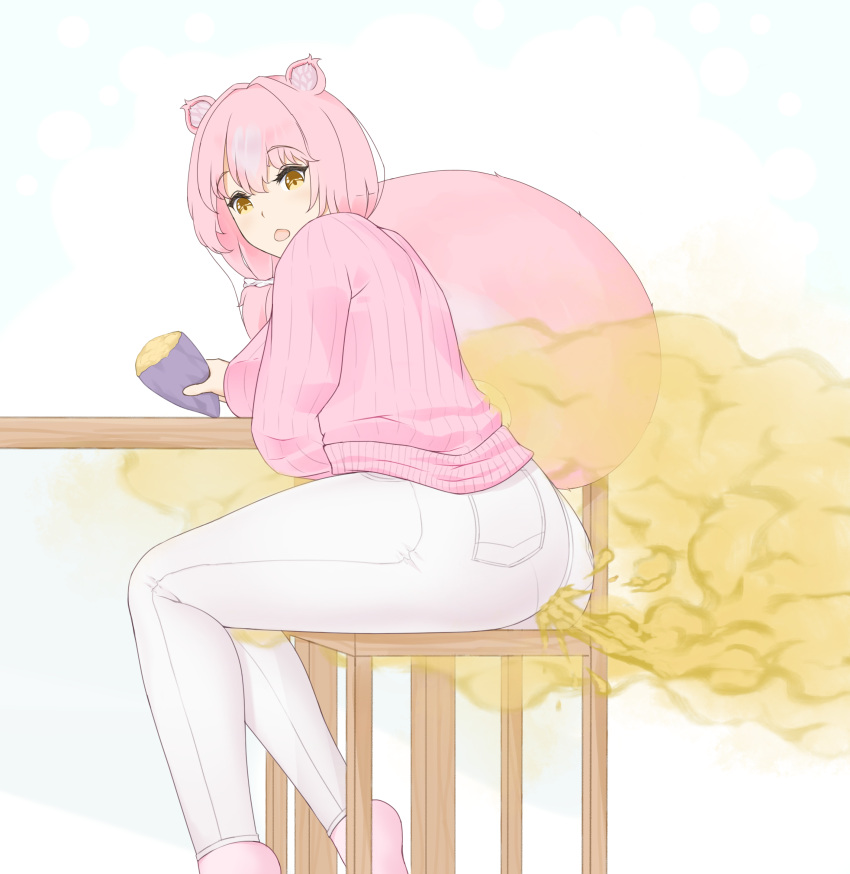 1girls :o bangs cynthia_(raki991) fart fart_cloud fart_fetish farting fully_clothed kemonomimi milf pink_hair raki991 sitting skunk_ears skunk_girl skunk_tail solo tied_hair