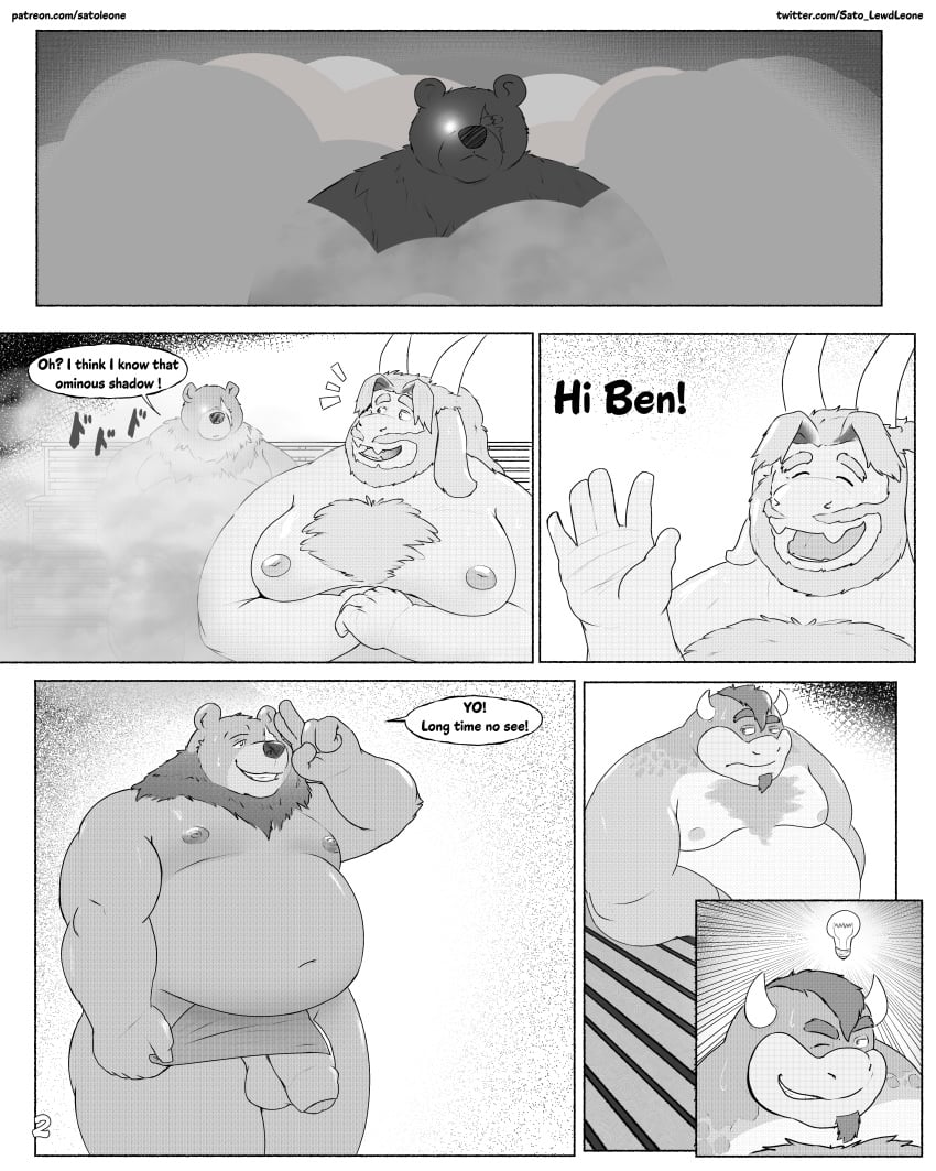 2023 3boys 5:4 absurd_res anthro asgore_dreemurr balls bear beard belly ben_(zenless_zone_zero) ben_bigger big_belly big_chest big_moobs big_penis black_and_white bodily_fluids body_hair bowser chest_hair closed_eyes comic crossover digital_media_(artwork) english_text facial_hair fur gay genitals gesture greyscale group hi_res horn humanoid_genitalia humanoid_penis hyper inverted_nipples koopa lightbulb long_ears male male/male male_only mammal mario_(series) mihoyo monochrome moobs muscular navel nintendo nipples no_color obese ominous open_mouth overweight overweight_anthro overweight_male pecs penis sato_afroleone sauna scalie scar smile smirk steam sweat text trio undertale undertale_(series) ursine waving white_body zenless_zone_zero