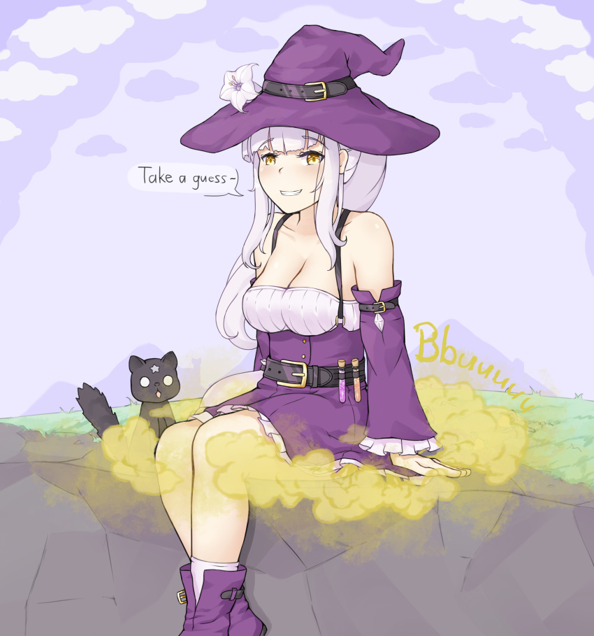 1girls english_text fart fart_cloud fart_fetish farting fully_clothed lydia_(raki991) onomatopoeia raki991 sitting smug solo speech_bubble witch